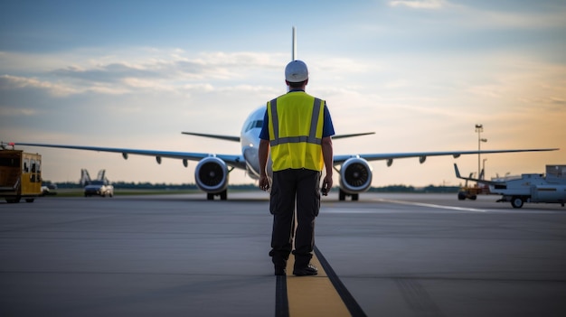 Photo a lone worker in a safety vest stands on the tarmac looking towards a large airplane the sky is a soft blue with wispy clouds