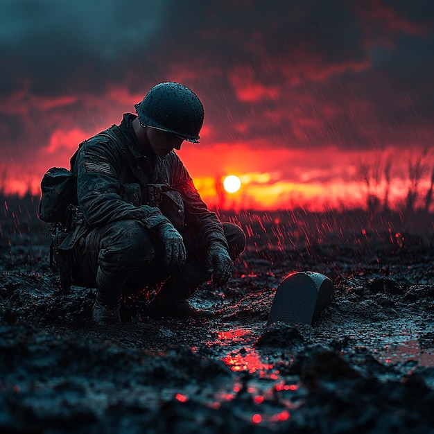 Photo a lone world war ii soldier kneeling beside a grave on the battlefield his head bowed in sorrow wi