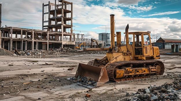 A lone yellow bulldozer sits in a The bulldozer is old and rusty and the construction site is littered with debris