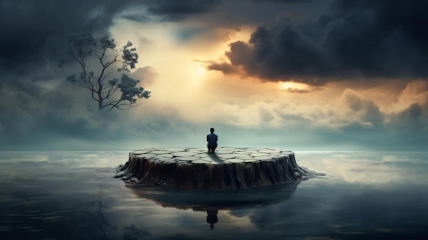 Loneliness sad person sitting on a flying island