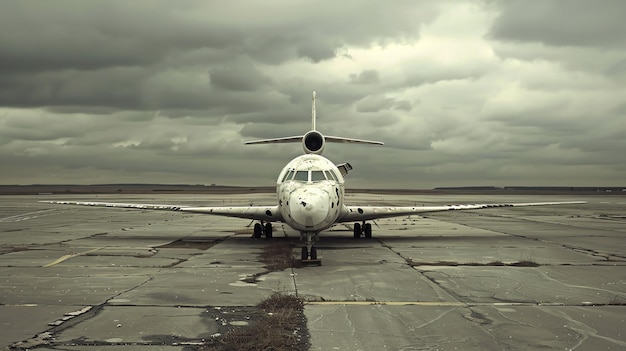 A lonely airplane sits abandoned on a cracked and overgrown runway The sky is cloudy and the plane is in disrepair