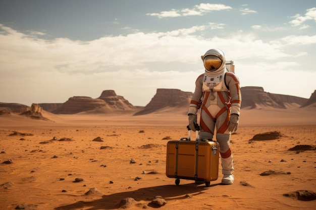 Lonely astronaut in a space suit on the surface of Mars with luggage suitcase Space tourist the first colonizer of an alien planet