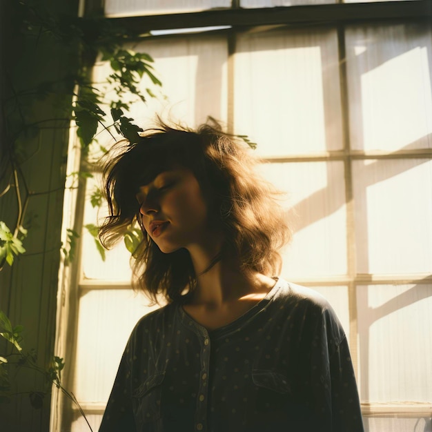 Lonely beautiful girl posing by the window