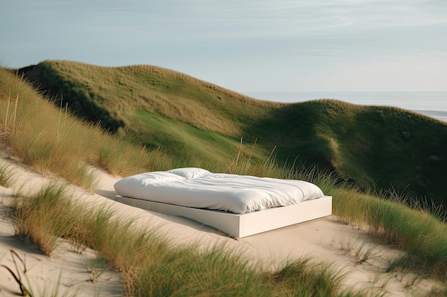 Lonely bed stand on grass dune hill with beautiful sky surreal dreamlike landscape Generative Ai