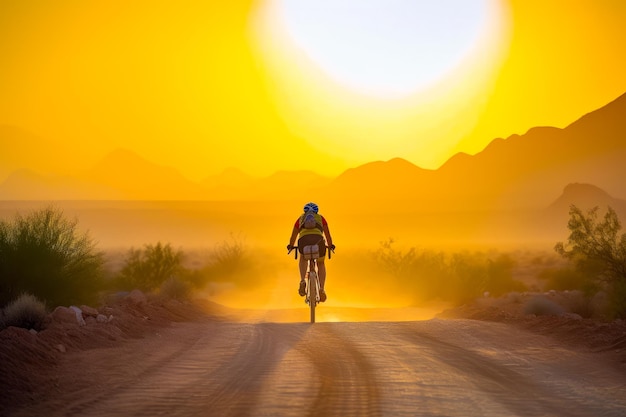 Lonely bicyclist riding by the dirt road at sunset time Silhouettes of mountains at backdrop Generative AI