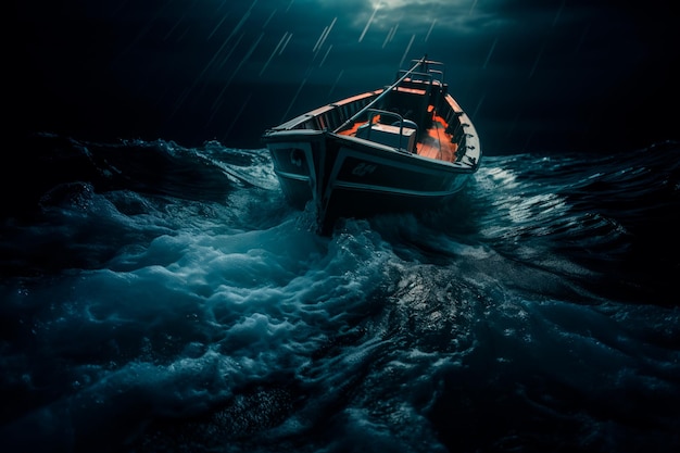 A lonely boat in the thunderstorm Ocean AI generated