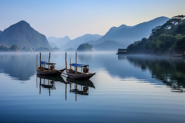 Lonely boats in a calm lake with misty mountain at background