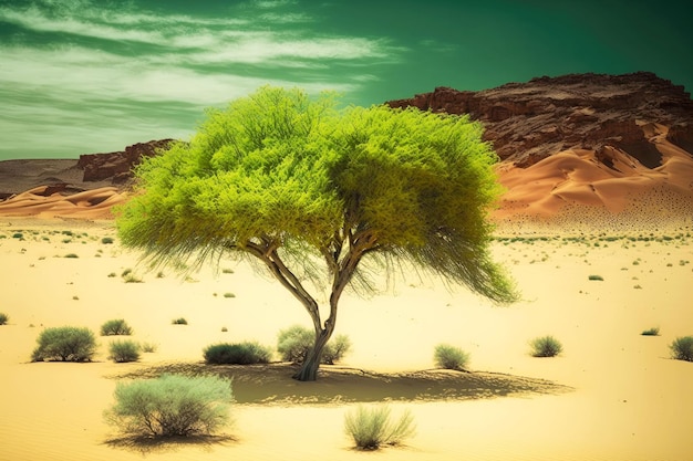 Lonely bright green young tree against backdrop of large rock in desert