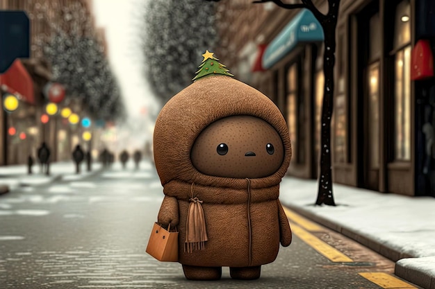 Lonely brown cute christmas tree character walking in town