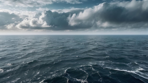 Lonely cargo ship on a vast ocean horizon