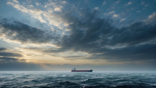 Lonely cargo ship on a vast ocean horizon