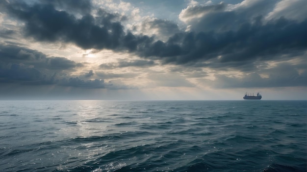 Lonely cargo ship on a vast ocean horizon