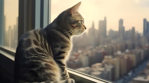 Lonely Cat on the window with city view background