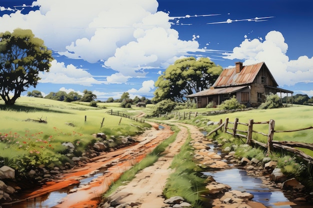 Lonely country house in a meadow by a dirt road Illustration of a rural scene