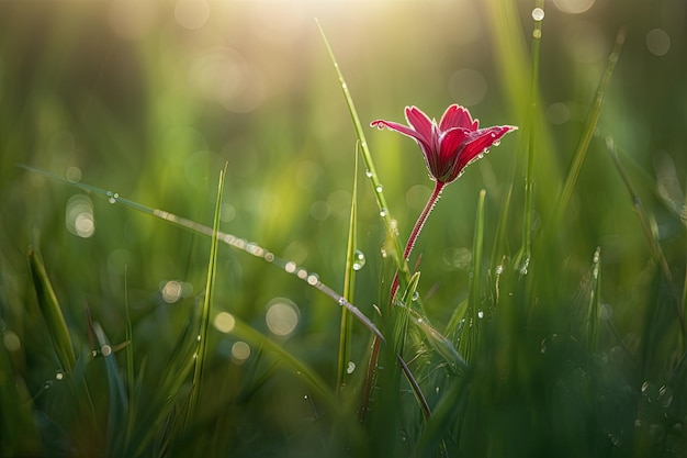 Lonely crimson flower blooms in green field at dawn covered with dew generative IA