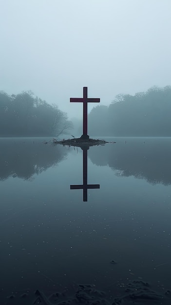 Photo lonely cross in misty lake with forest in background