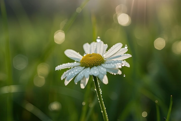 Lonely daisy with dewdrops on green field generative IA