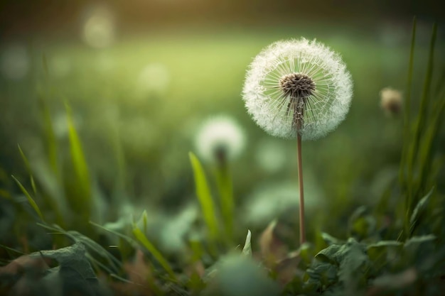 Lonely dandelion with seeds in nature on blurred background of green summer lawn generative ai