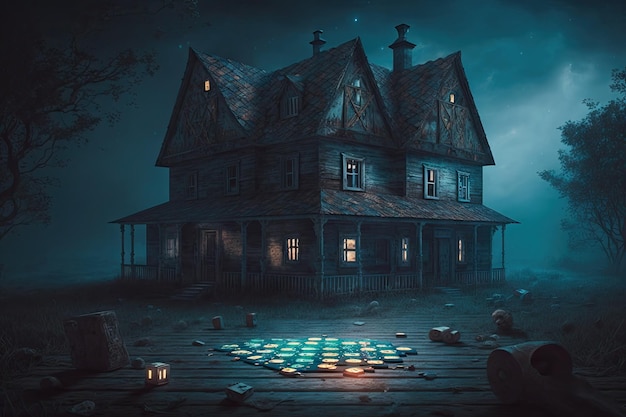 Lonely deserted horror house with glowing windows and board games on floor