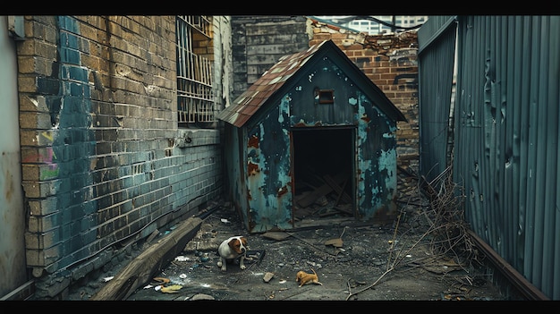 A lonely dog sits in front of his rusty kennel in an abandoned alleyway