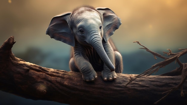 Lonely elephant baby sitting on tree branch