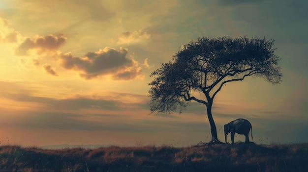 Lonely elephant under a sunset tree silhouette A single elephant stands beneath a tree again