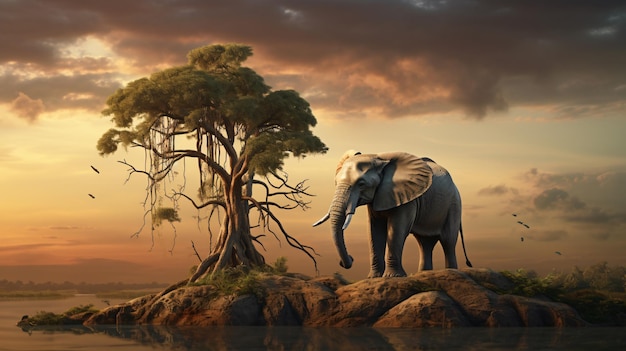 Lonely elephant on tree