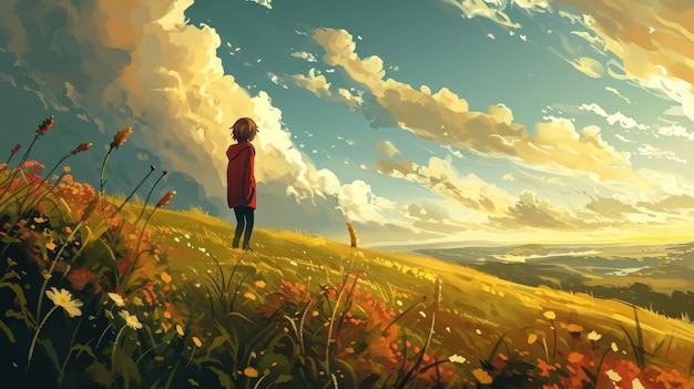 Lonely Figure in a Field of Flowers Under a Vast Sky