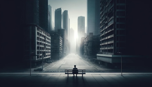 Lonely figure sitting on bench in empty city