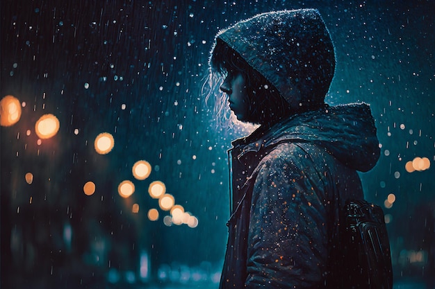 Lonely girl in falling snow at night with bokeh lights creative digital painting