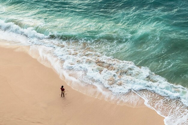 Lonely girl standing on the sea beach against the raging waves