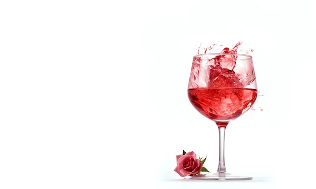 A lonely glass of rose wine on a white background Pink drink and rose closeup with space for text