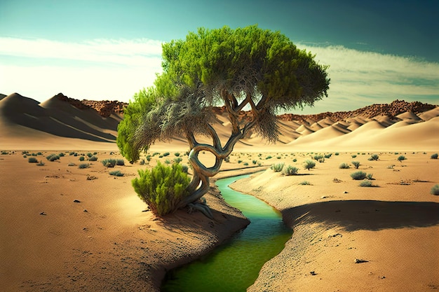 Lonely green tree taking water from small stream flowing in desert