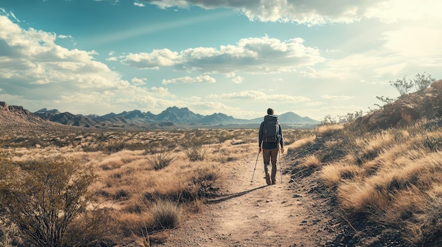 Lonely hiker navigating scorching desert heat