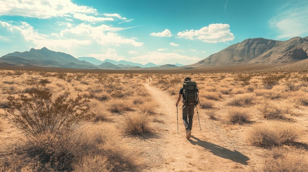 Lonely hiker navigating scorching desert heat