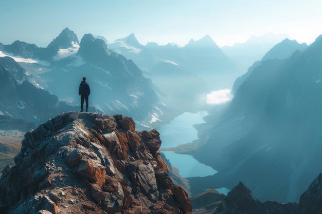 Lonely hiker stands on rocky mountain summit overlooking breathtaking valley with peaks and lake