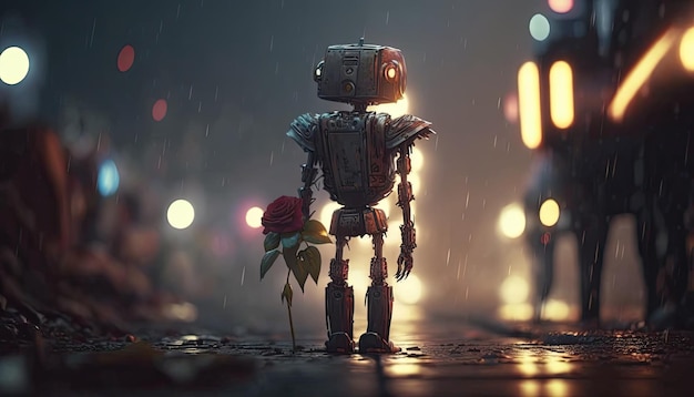 Lonely homeless robot holding a withered rose from his lover under a rainy night Generative AI