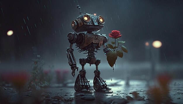 Lonely homeless robot holding a withered rose from his lover under a rainy night Generative AI