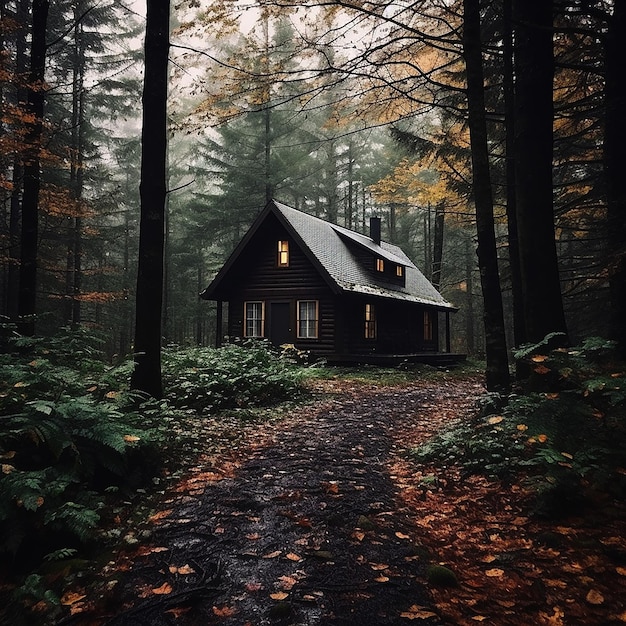 A lonely house built in the forest has a dark color around it