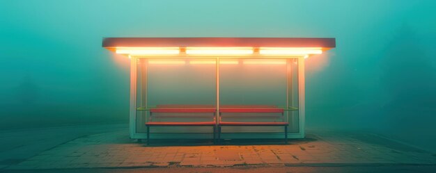 Photo lonely illuminated bus stop in dense fog creating a mysterious and serene atmosphere captured during late evening hours