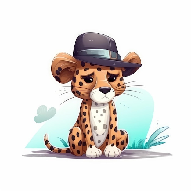 Lonely Leopard In Boater Hat Cartoon Illustration