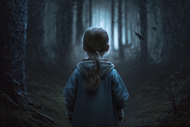 Lonely little girl in dark forest Rear view of lost scared child outdoors Generative ai illustration