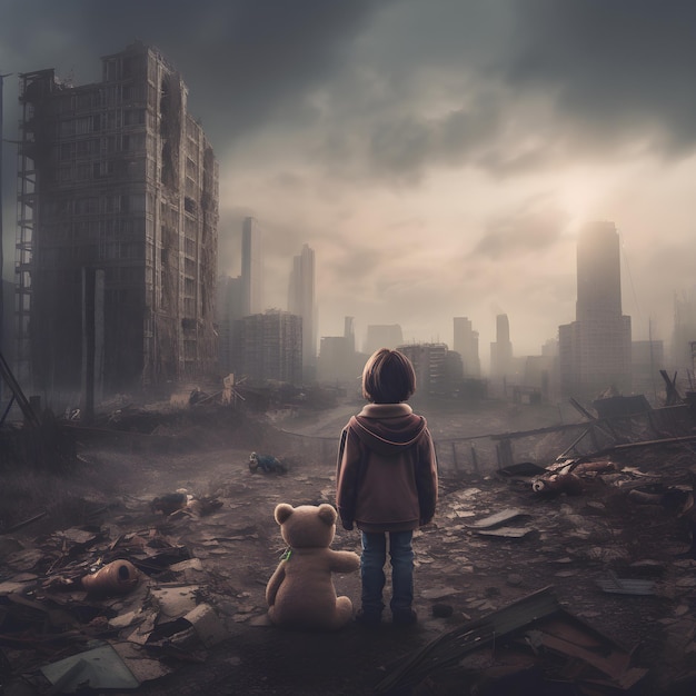 A lonely lost kid with her teddy bear standing on the ruins of a big destroyed city after the end of the world or after a big disaster like earthquake or flood Armageddon concept Generative AI