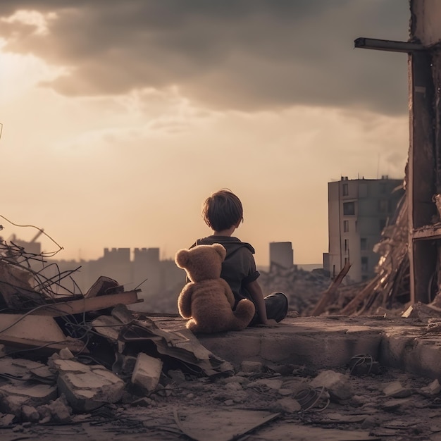 A lonely lost kid with his teddy bear sitting on the ruins of a big destroyed city after the end of the world or after a big disaster like earthquake or flood Armageddon concept Generative AI