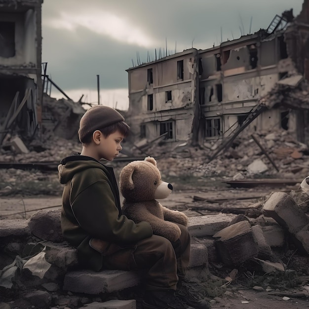 A lonely lost kid with his teddy bear sitting on the ruins of a big destroyed city after the end of the world or after a big disaster like earthquake or flood Armageddon concept Generative AI