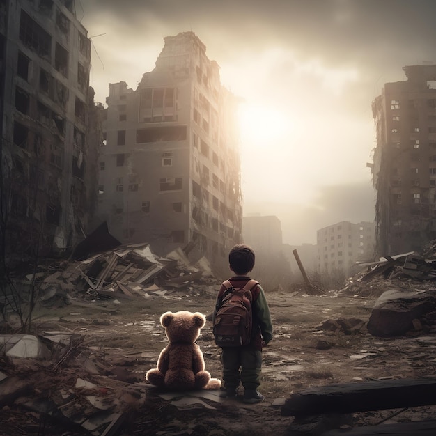 A lonely lost kid with his teddy bear standing on the ruins of a big destroyed city after the end of the world or after a big disaster like earthquake or flood Armageddon concept Generative AI