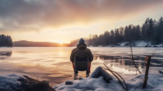 Lonely man fishing for perch in winter a hobby