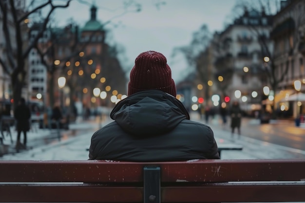 A lonely man sits on a bench in the city center