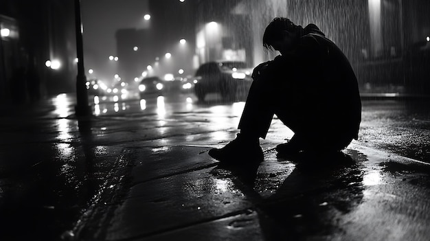 Photo a lonely man sitting on the street at night in the rain