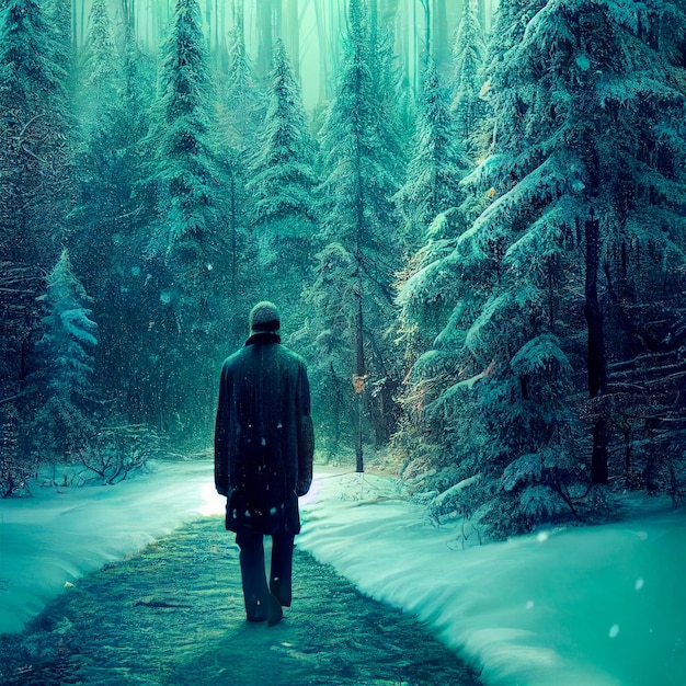 Lonely man walking in a snowy forest